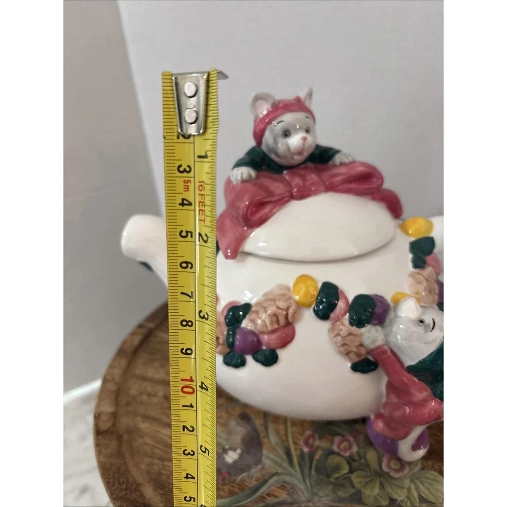Cat Mouse Applause Inc 5 Pc Set Tea Pot Creamer Napkin Holder Lids Clock Pink